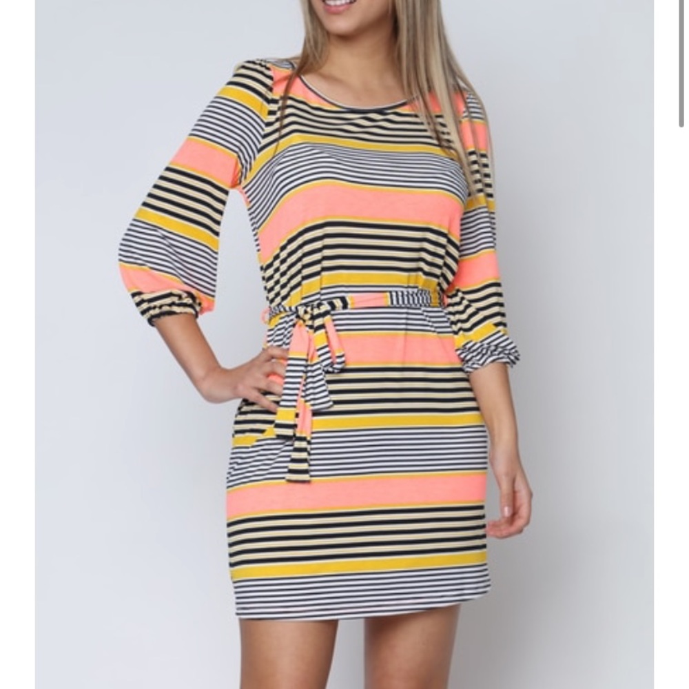 ❤️NEW S Black, Coral, Yellow Tie Waist Dress - Picture 6 of 9